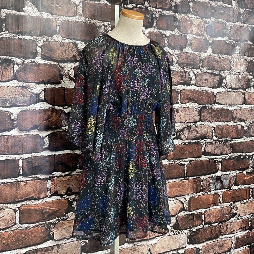 Free People Sheer Mini Dress Flowy Sleeves Shirred Black Size Medium Open Back - Picture 7 of 17
